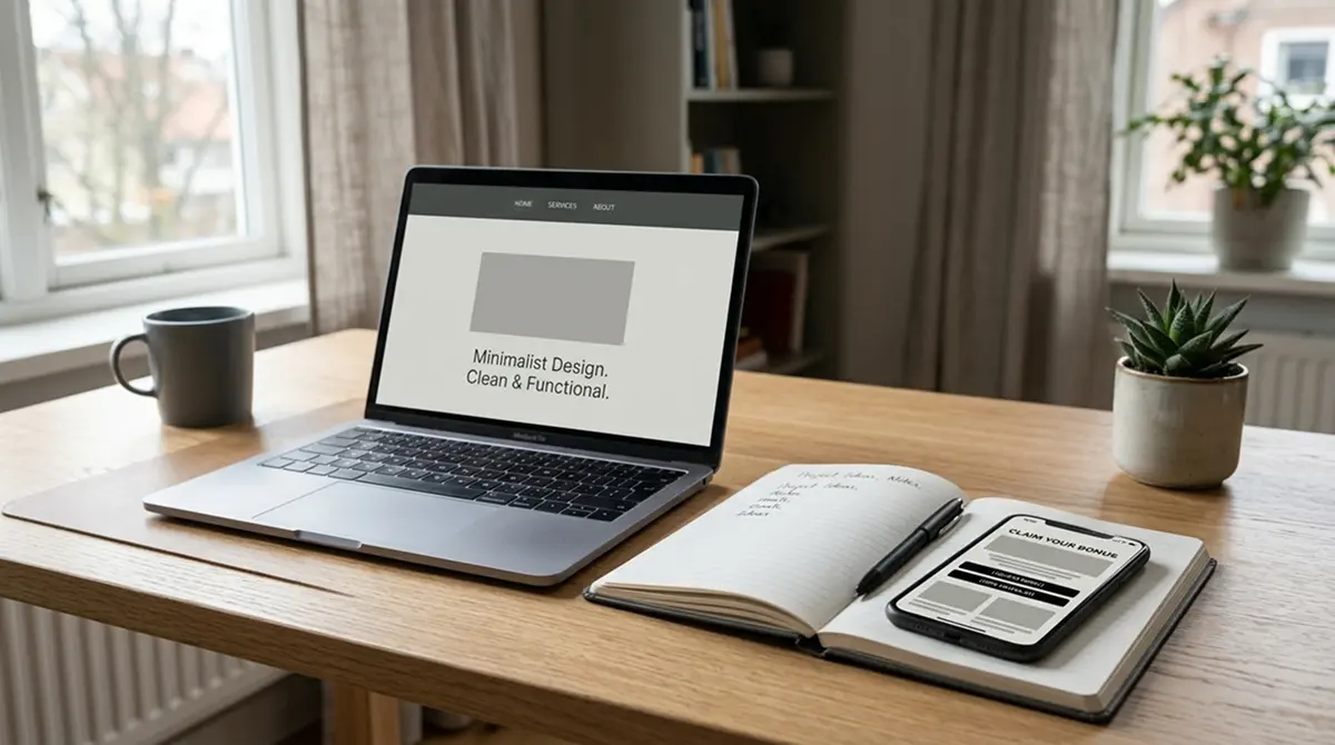 Helle Schreibtisch-Szene mit Laptop, offenem Notizbuch und einem Handy, das eine Casino-Bonus-Seite zeigt — minimalistisch, ohne Logos, ohne Spielkarten