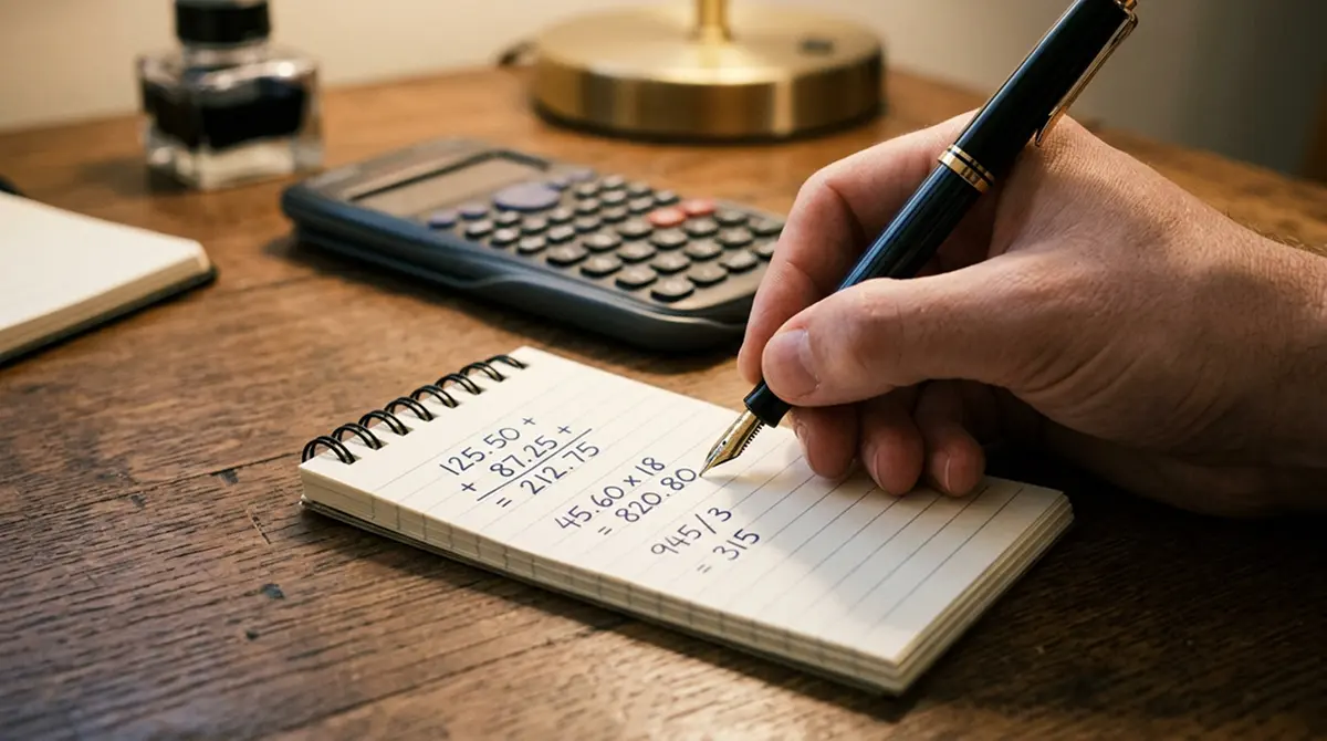 Notizblock mit handschriftlicher Beispielrechnung Spin-Wert × RTP × Wagering