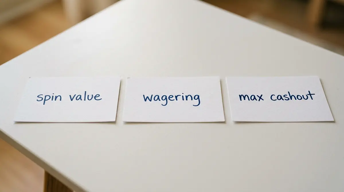 Vergleichstafel mit drei Bonusbedingungen: Spin-Wert, Umsatzbedingung, Max Cashout