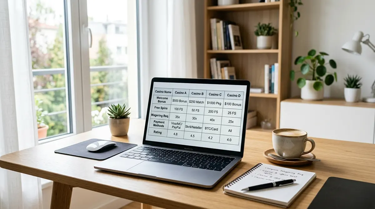 Schreibtisch mit Laptop und übersichtlichem Vergleichsraster für Online-Casino-Boni