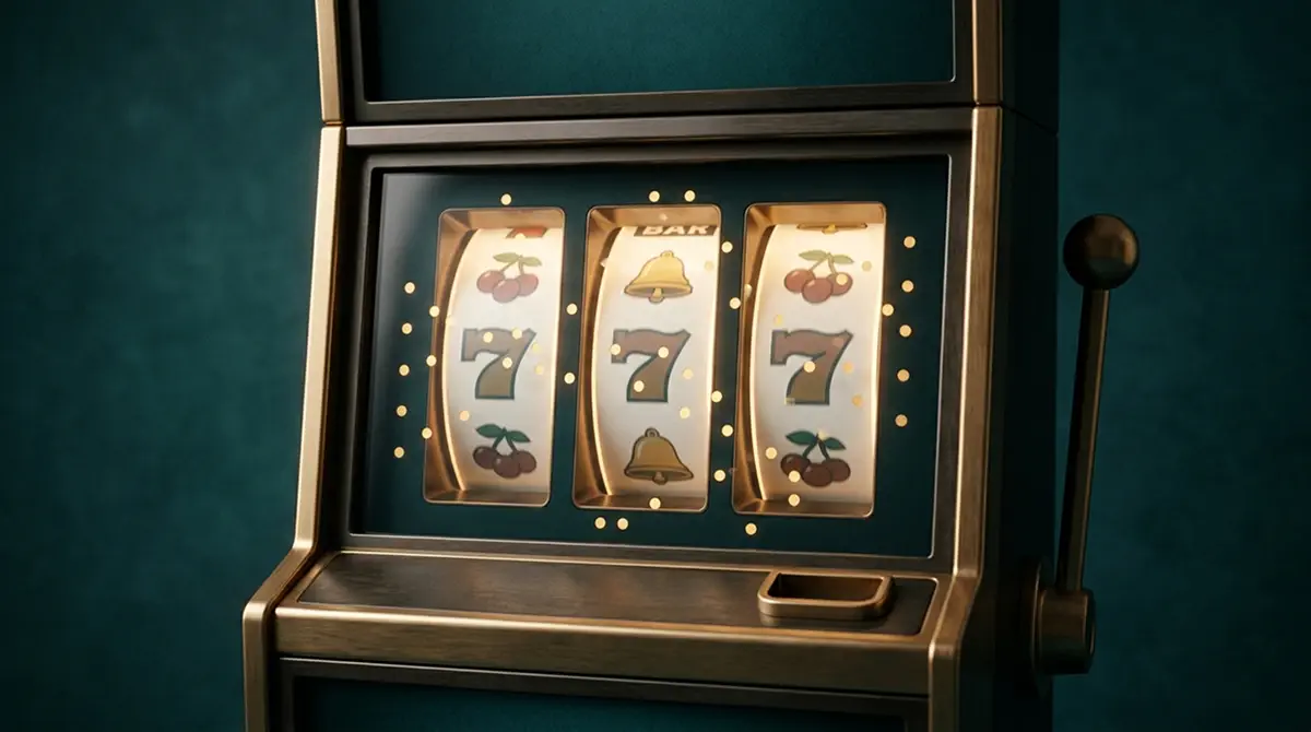 Hero-Motiv: Spielautomat-Walzen mit sechzig leuchtenden Symbol-Markierungen vor ruhigem Hintergrund