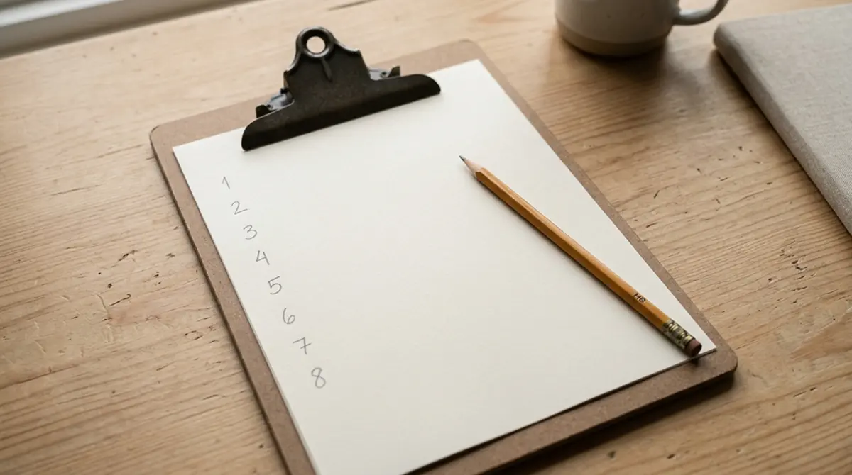 Klemmbrett mit acht numerierten Markierungen auf einem leeren Blatt, daneben ein angespitzter Bleistift, kein Text, kein Logo, neutraler Schreibtisch im Hintergrund