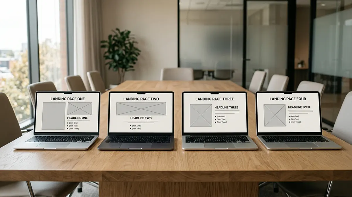 Mehrere offene Casino-Laptop-Screens auf einem Konferenztisch, jede Seite zeigt ein anderes Bonus-Layout mit neutralem Buchstaben- und Zahlenraster, kein erkennbares Logo