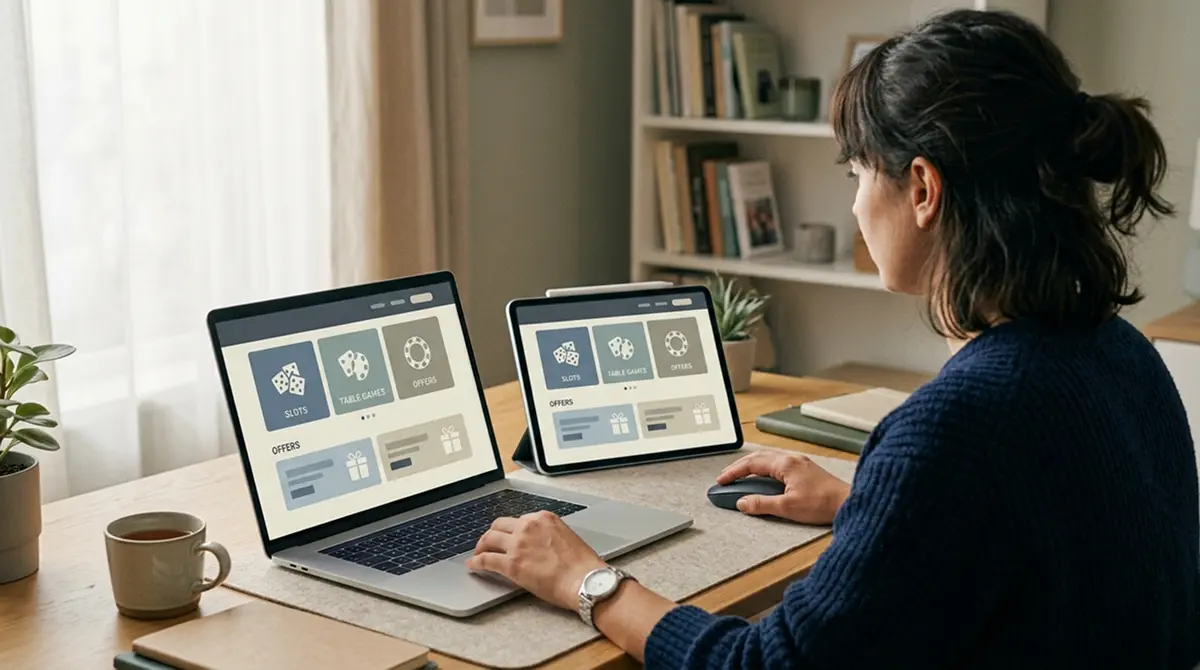 Person am Laptop prüft Anbieter mit Casino Bonus ohne Einzahlung nebeneinander