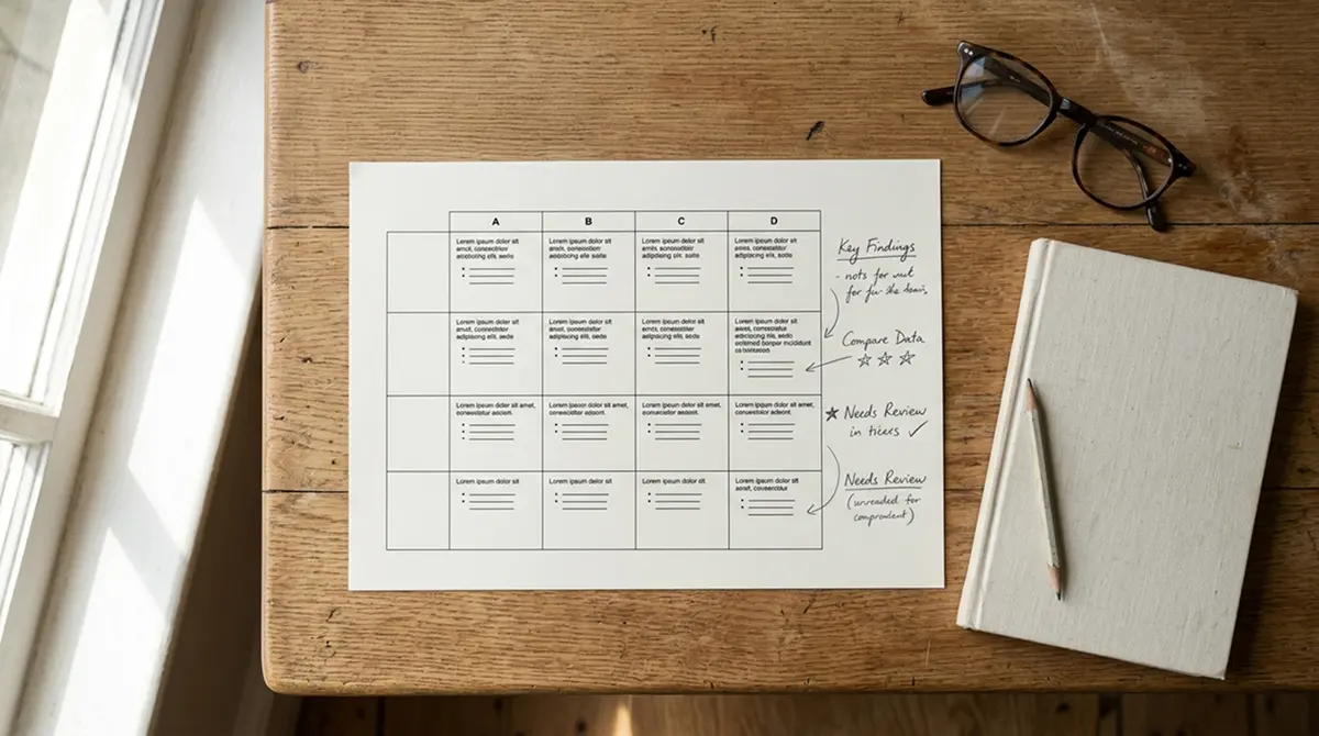 Schreibtisch mit einer gedruckten Anbieterübersicht und handschriftlichen Notizen am Rand