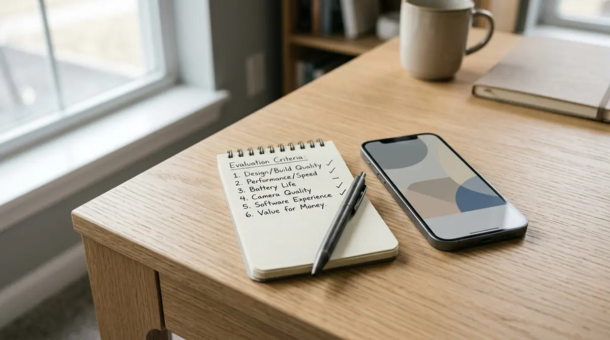Notizblock mit handschriftlichen Testkriterien und Smartphone daneben zeigt einen ruhigen Prüfungsprozess
