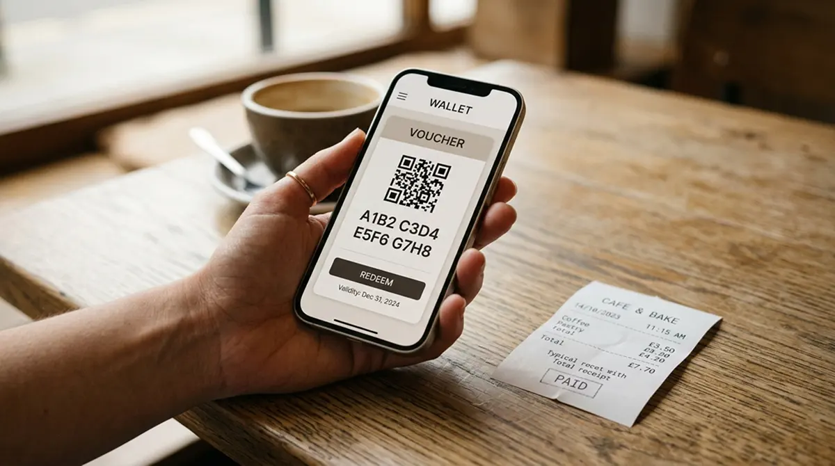 Digitaler Prepaid-Gutschein auf einem Smartphone-Display, daneben ein kleiner Papierkassenbon