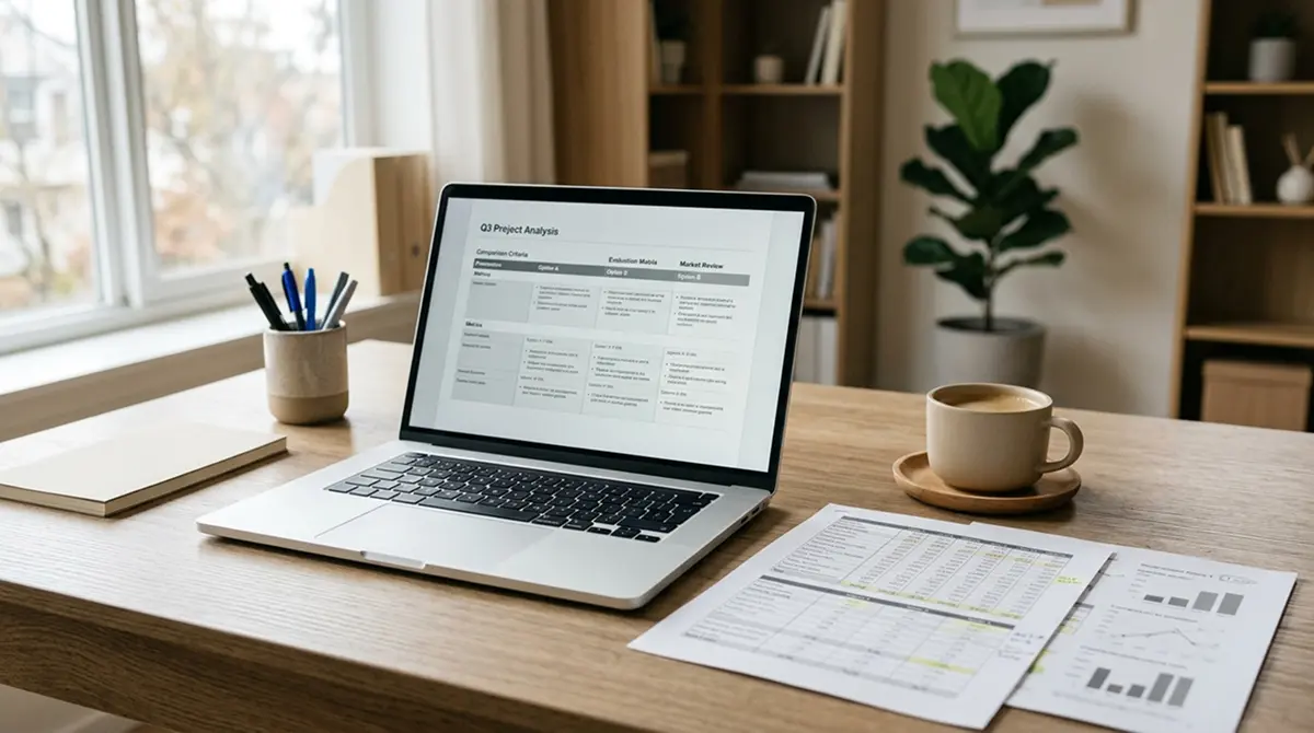 Büro-Schreibtisch mit Laptop, auf dem eine Tabelle von Online-Anbietern geöffnet ist