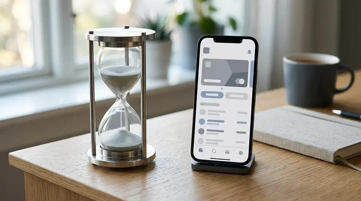 Sanduhr neben Smartphone mit neutraler Wallet-Ansicht als Bild für Auszahlungstempo im Krypto-Casino