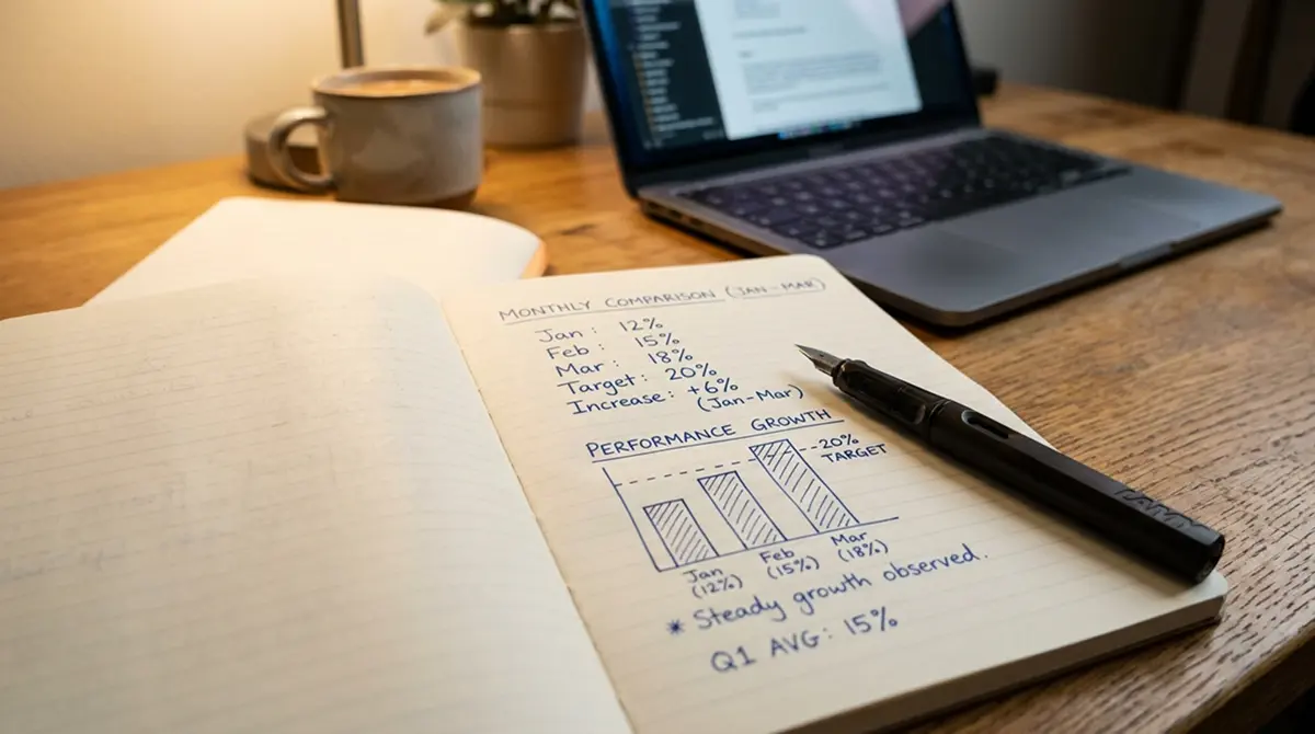 Notizblock mit handschriftlich notierten Auszahlungsquoten neben einem Laptop