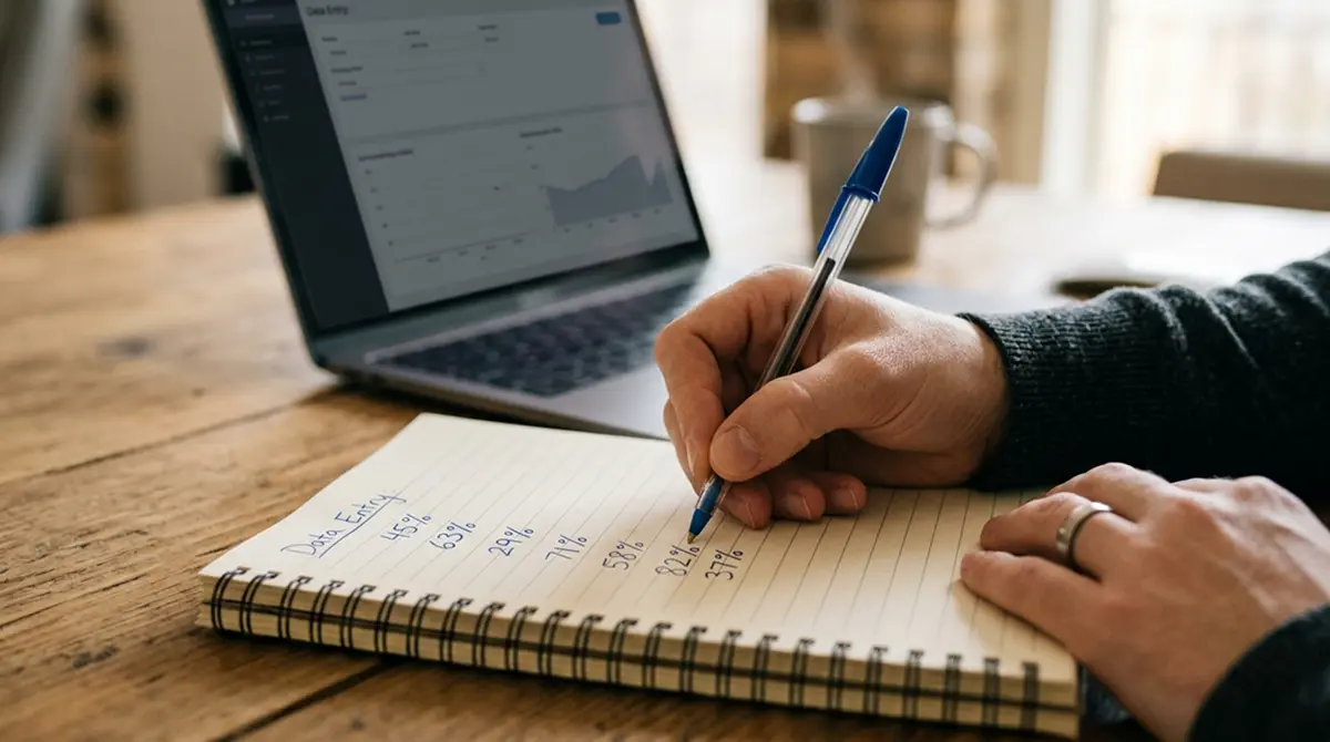 Person am Schreibtisch vergleicht handschriftlich notierte Prozentwerte auf einem Notizblock