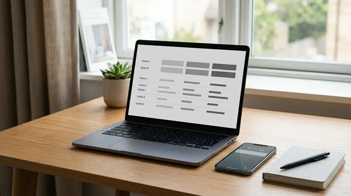 Schreibtisch mit Laptop und geöffneter Übersicht verschiedener Zahlungswege