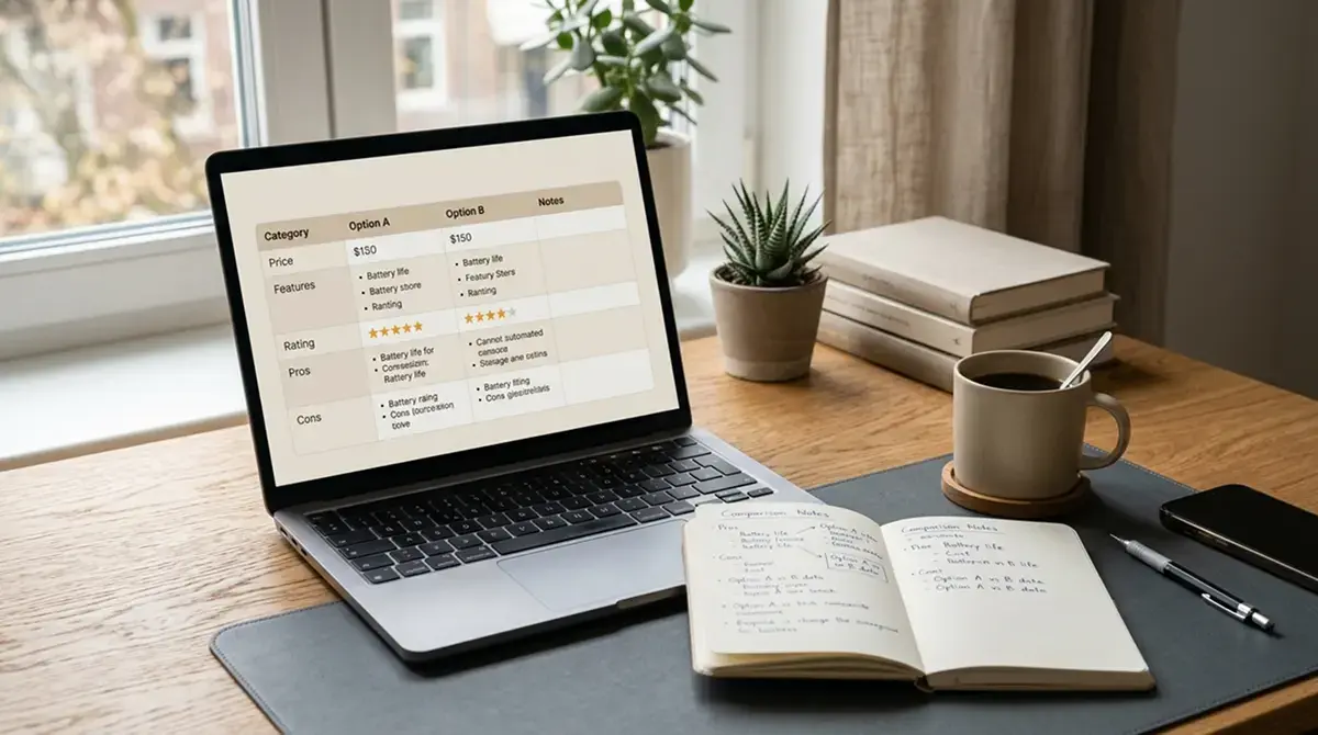 Schreibtisch mit einem Laptop, auf dem eine neutrale Casino-Vergleichsoberfläche zu sehen ist, Notizbuch mit handschriftlichen Notizen, ruhiges natürliches Licht