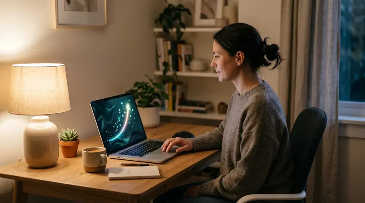 Person am Schreibtisch blickt auf einen Laptop mit einer abstrakten Kurven-Animation, ruhiges Homeoffice-Licht, keine Geldscheine sichtbar