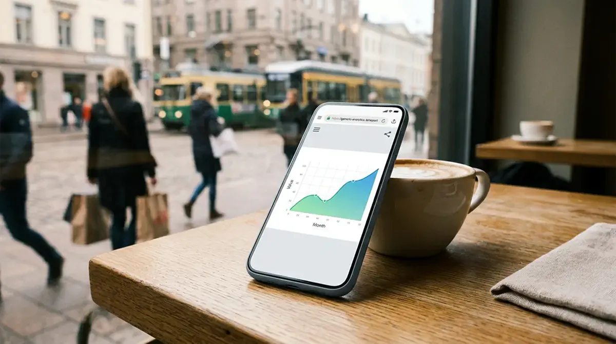 Smartphone mit einer neutralen mobilen Casino-Oberfläche auf einem Café-Tisch, ruhige Stadtkulisse durch ein Fenster im Hintergrund