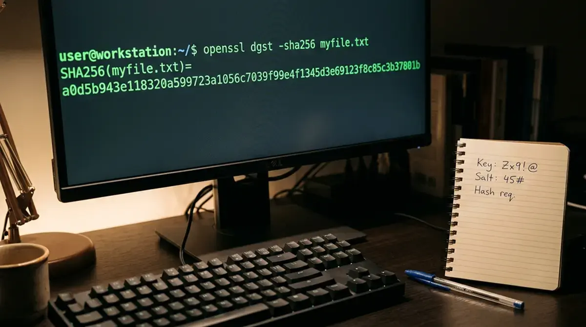 Auf einem Computermonitor ist ein kryptografischer Hash-Fingerabdruck zu sehen, daneben ein leeres Textfeld für die SHA256-Überprüfung