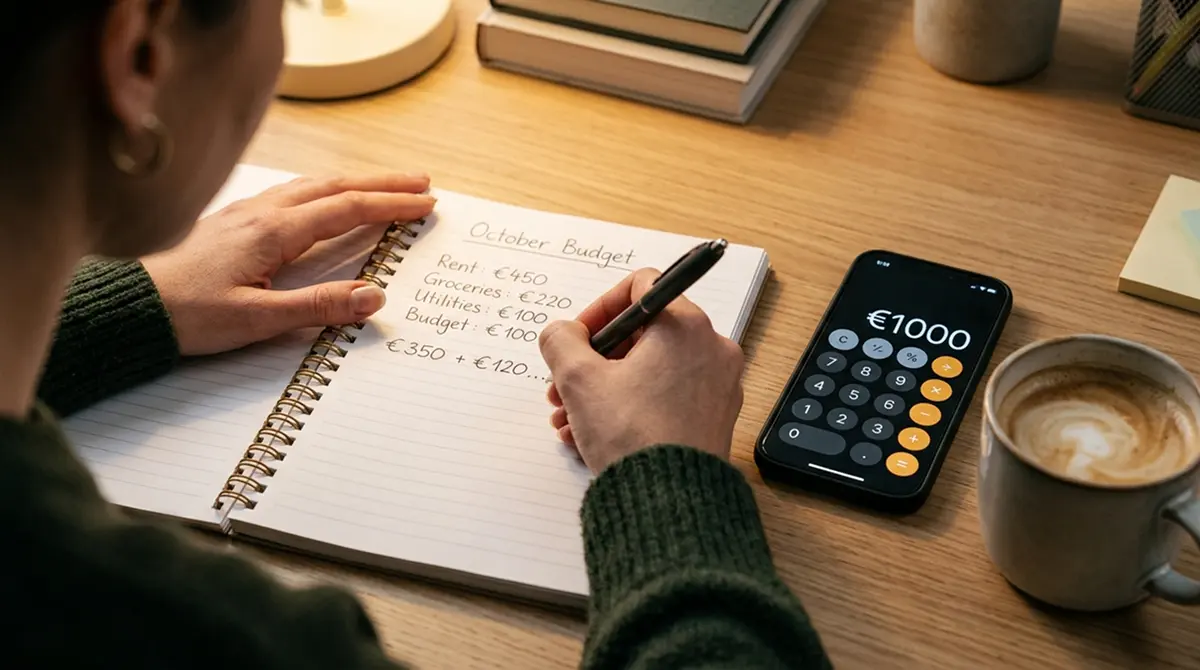 Nahaufnahme handgeschriebener Budget-Rechnung im Notizbuch mit Kaffeetasse und Smartphone-Rechner