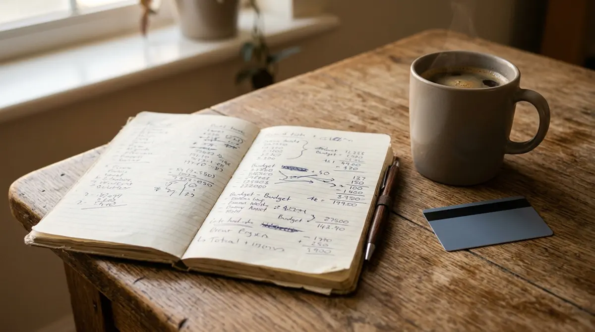Notizbuch mit handschriftlicher monatlicher Budget-Aufstellung neben einer Kaffeetasse und einer Prepaid-Karte