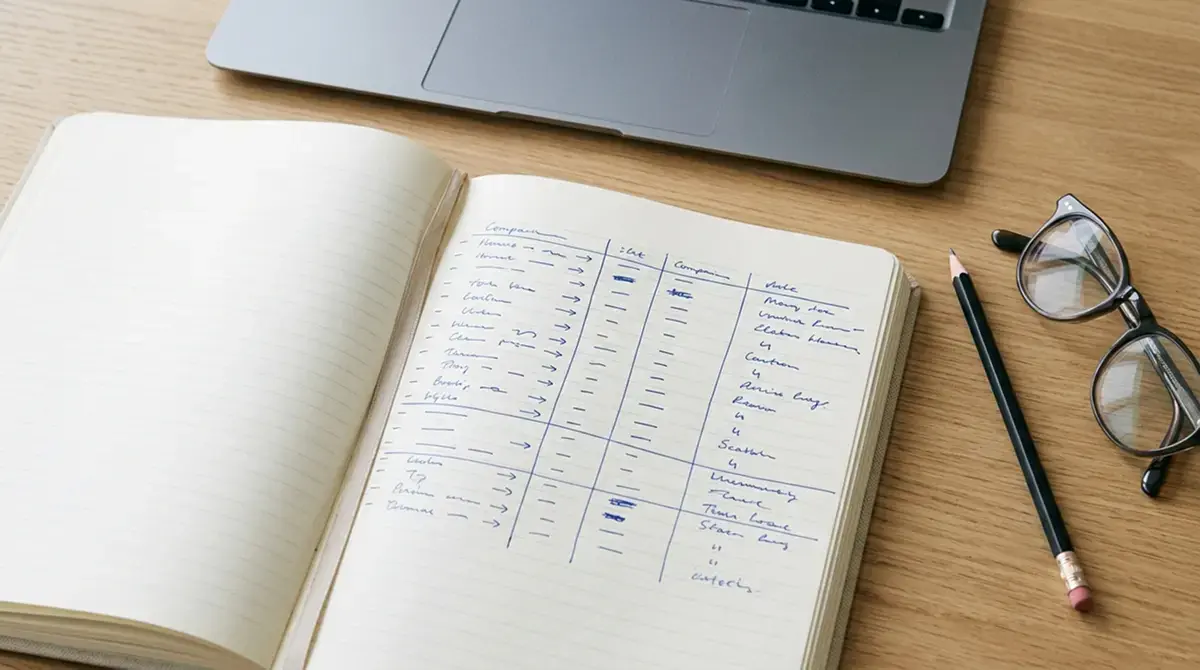 Aufgeschlagenes Notizbuch mit handschriftlichem Anbietervergleich neben einem Notebook