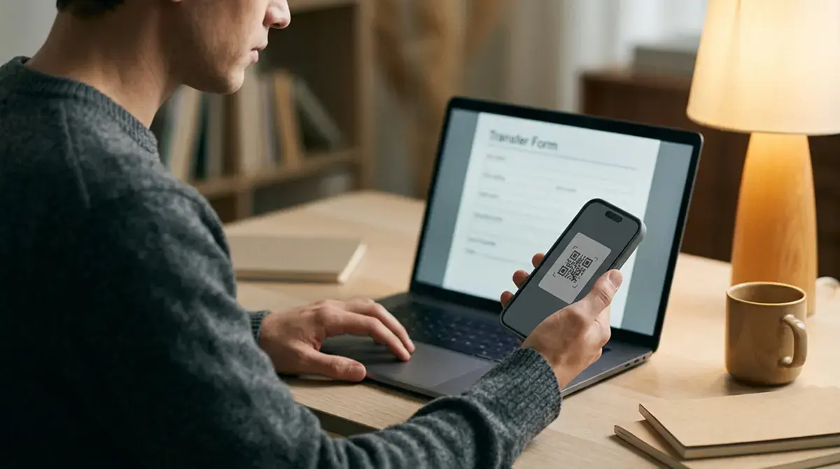 Person am Laptop beim Kopieren einer Wallet-Adresse für eine Überweisung