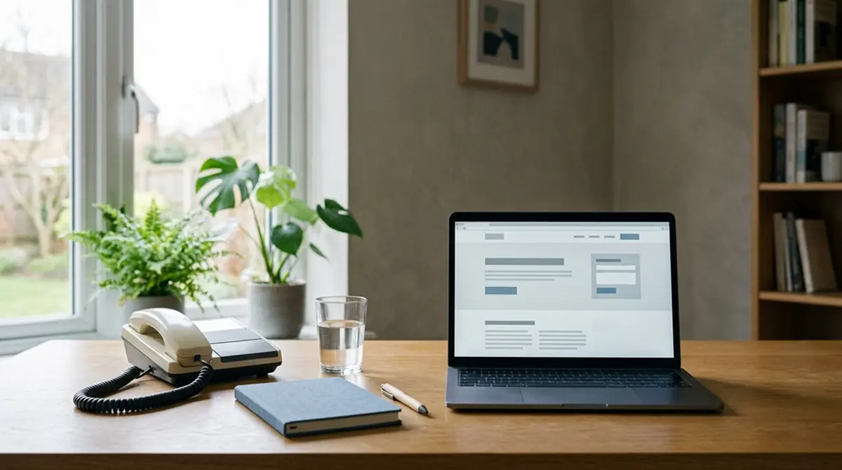 Telefon-Hörer neben einer geöffneten Beratungswebsite auf einem Laptop-Bildschirm im ruhigen Arbeitszimmer