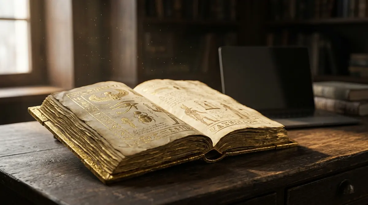 Aufgeschlagenes goldenes Buch mit ägyptischen Verzierungen als Motiv für Book of Ra im legalen Online Casino