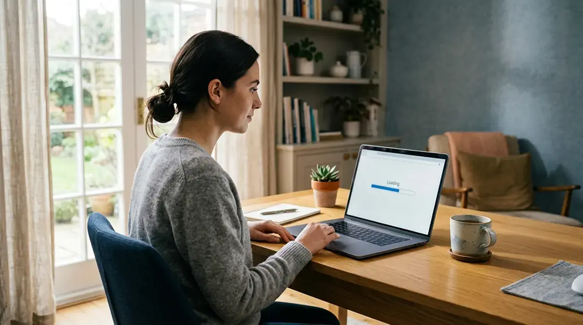 Person am Laptop verfolgt eine laufende Auszahlung im Kassenbereich