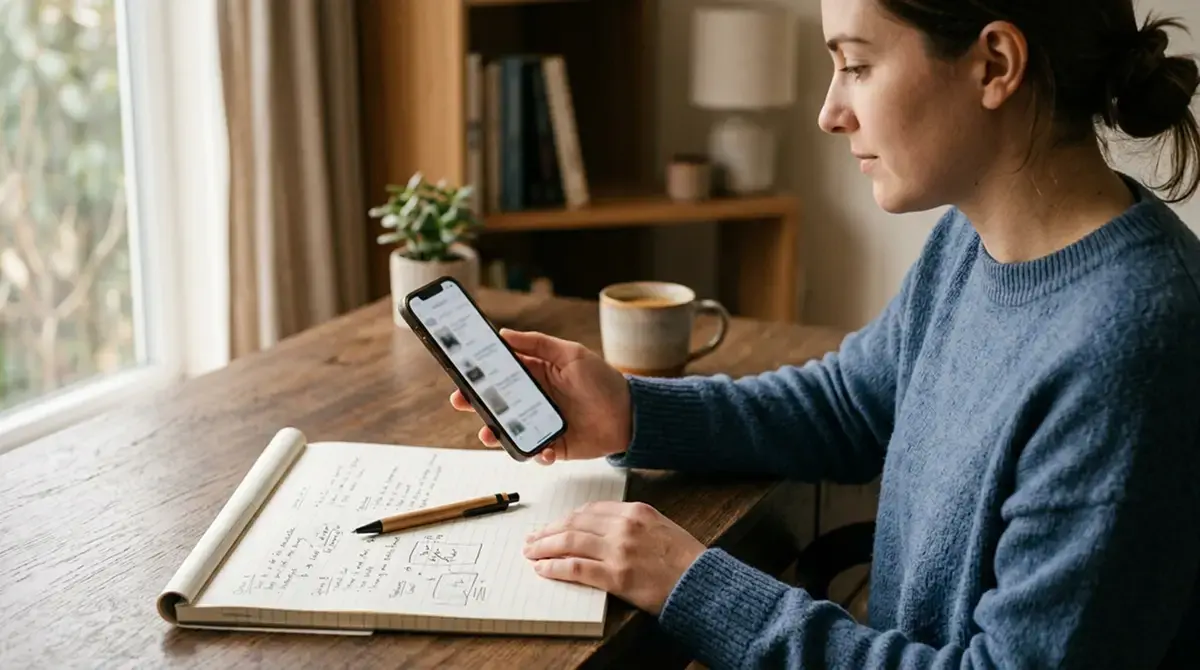 Person vergleicht Casino-Apps am Smartphone mit handschriftlichen Notizen