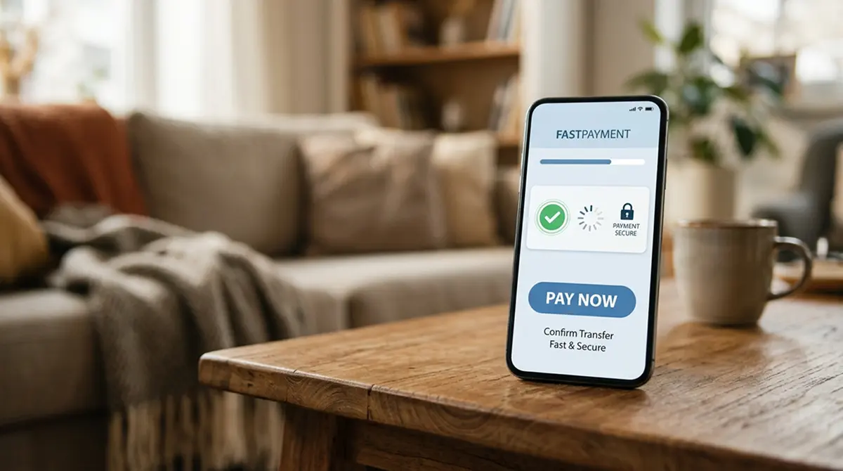 Smartphone mit Banking-App-Oberfläche und ruhiger häuslicher Zahlungsatmosphäre