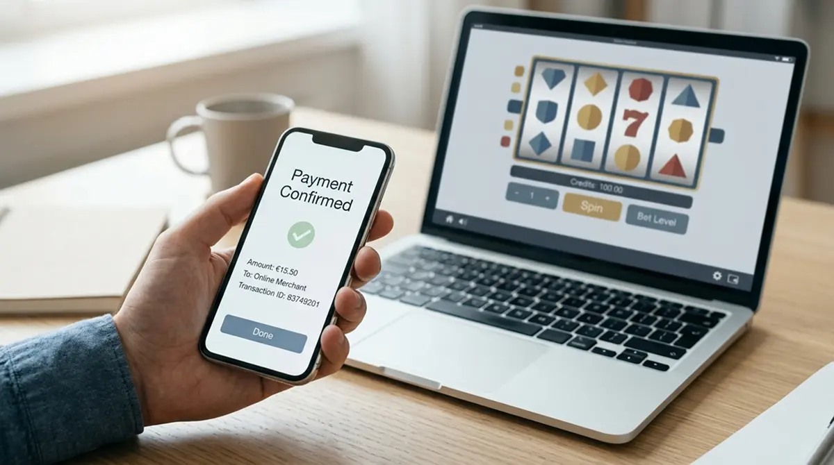 Smartphone mit mobiler Bezahl-App vor einem Laptop mit Online-Casino im Hintergrund