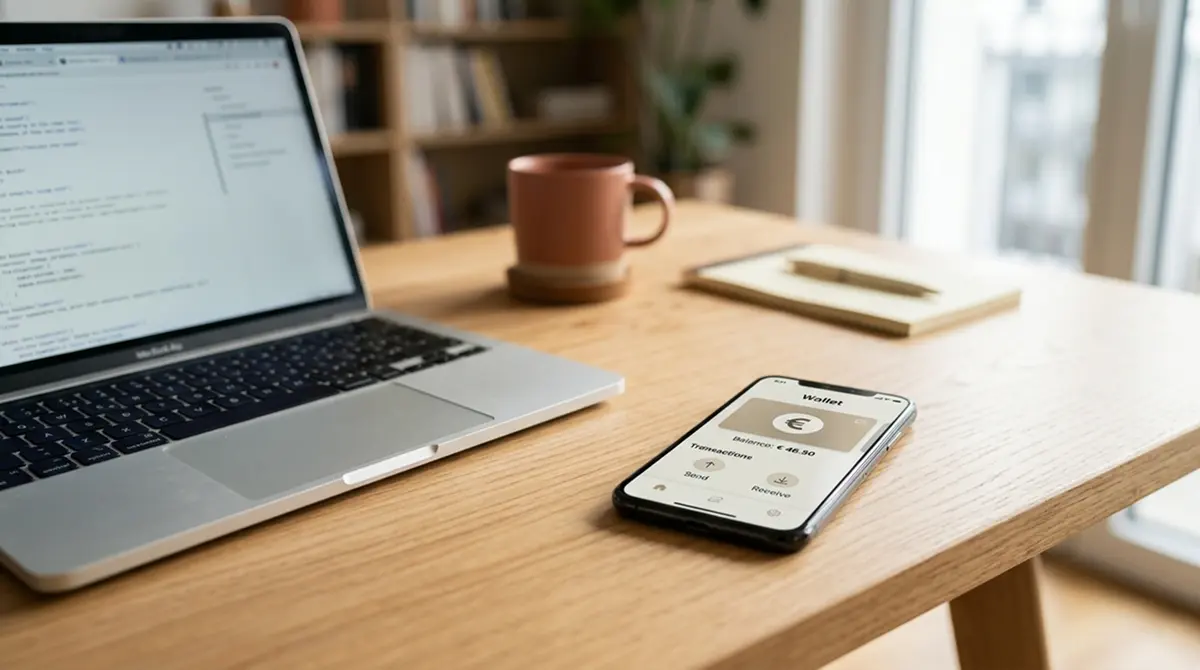 Smartphone mit digitaler Geldbörse auf modernem Schreibtisch neben Laptop