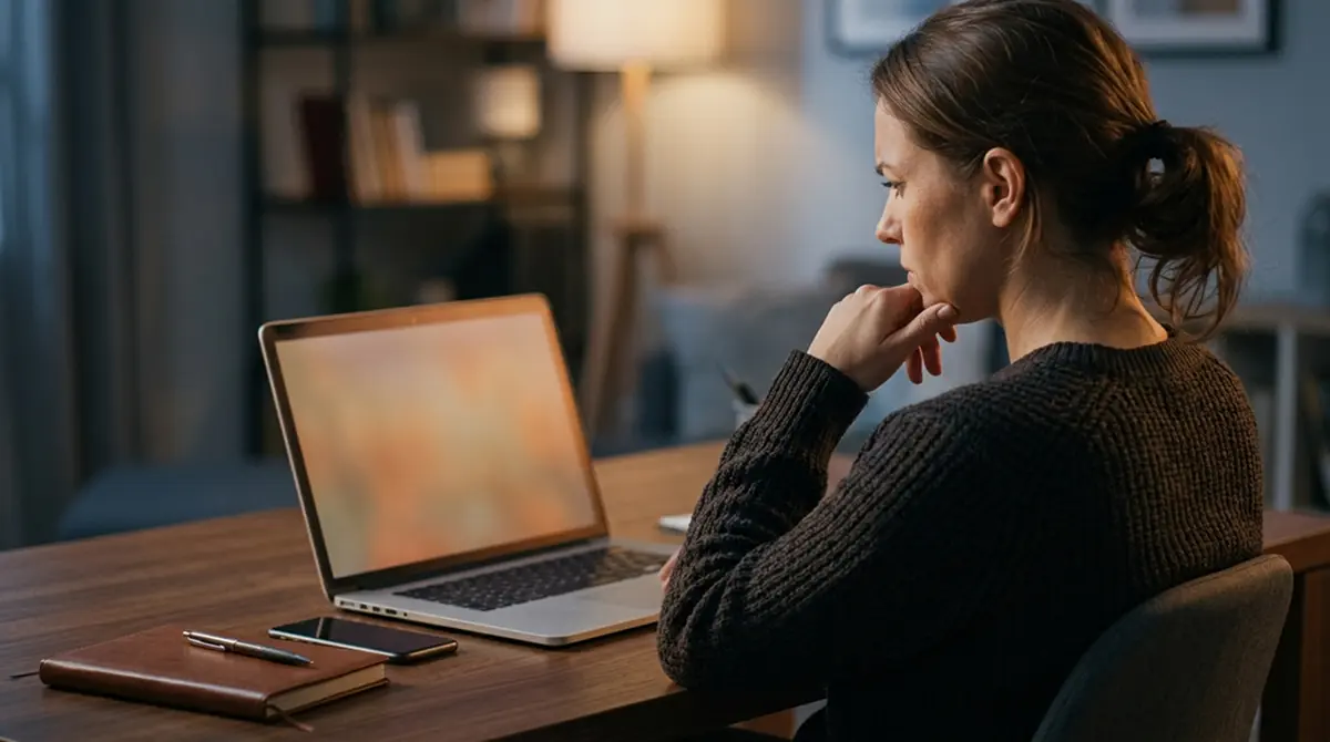 Person betrachtet Laptop-Bildschirm mit skeptischem, vorsichtigem Ausdruck