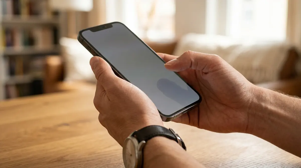Person hält Smartphone mit Online-Banking-Oberfläche, moderne Zahlungsmethoden