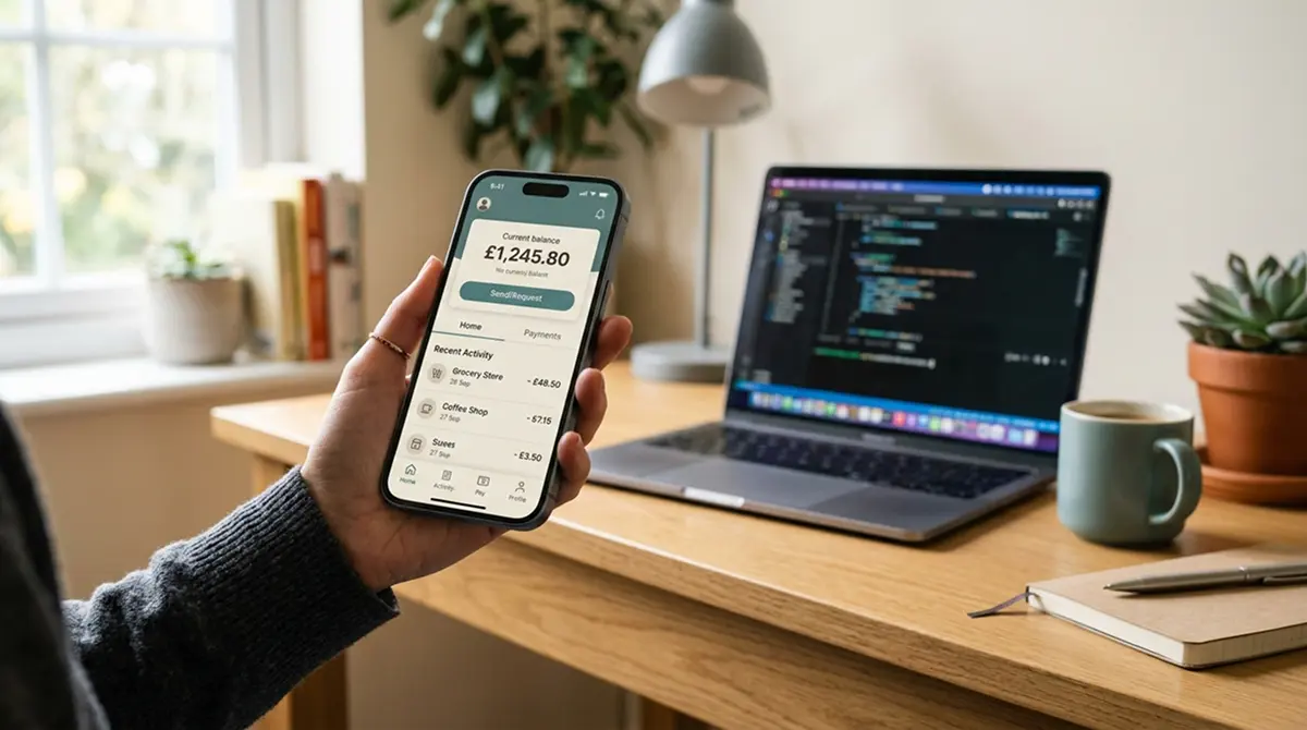 Smartphone mit geöffneter Zahlungs-App neben Laptop für Online Casino mit MuchBetter