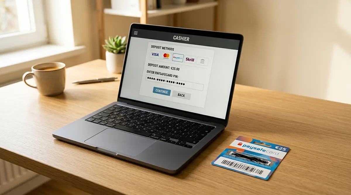 Paysafecard-Code neben einem Laptop mit offenem Casino-Kassenbereich in Deutschland
