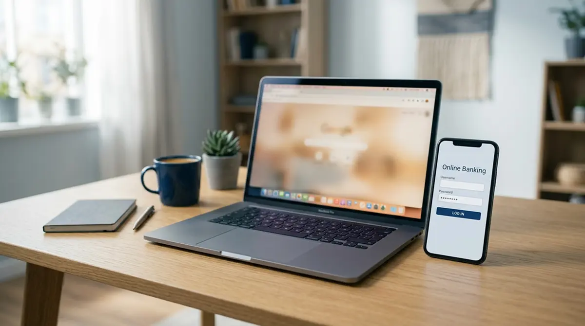 Laptop und Smartphone mit Online-Banking-Login für die Trustly-Zahlung im Casino