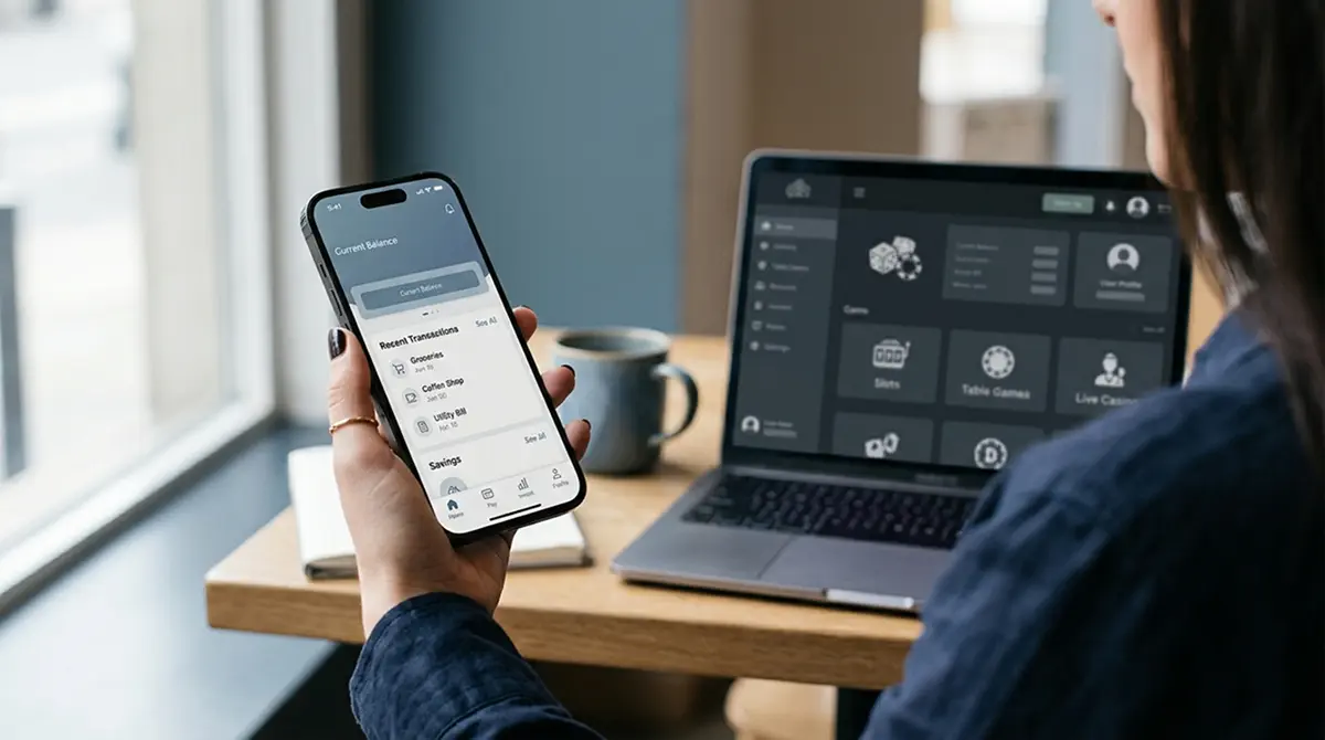 Smartphone mit geöffneter Banking-App vor dem Hintergrund einer nüchternen Online-Casino-Oberfläche