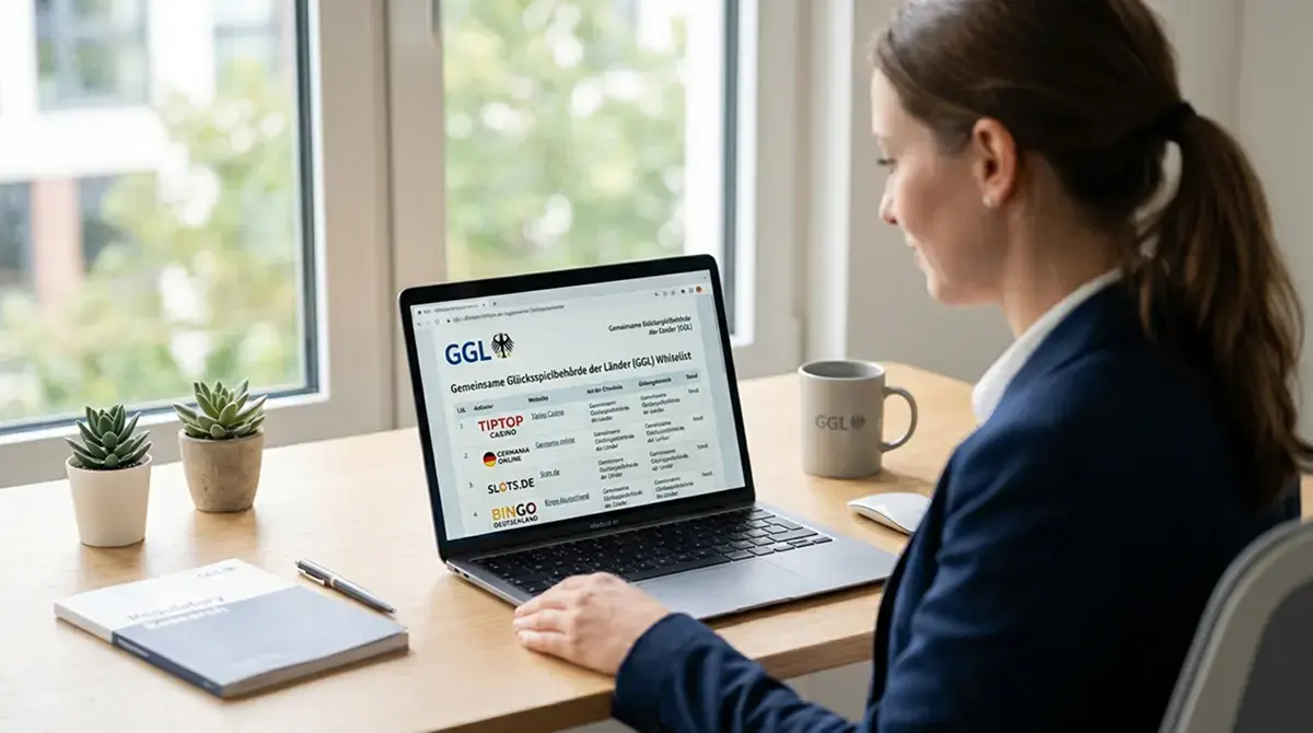 Laptop mit GGL-Whitelist und deutschen Casino-Logos auf dem Bildschirm