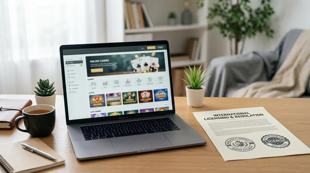 Schreibtisch mit Laptop, geöffnetes Casino-Interface und Dokument mit internationalen Lizenzsiegeln