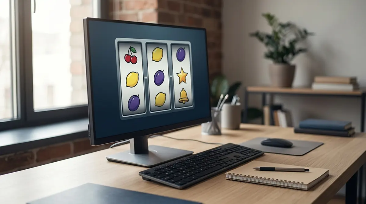Online-Spielautomat mit Walzen auf einem Bildschirm in ruhiger Arbeitsumgebung