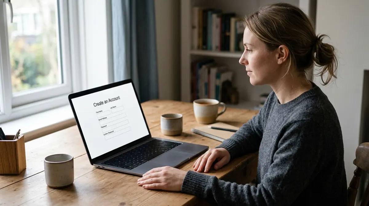 Spieler am Laptop vor einer Anmeldemaske ohne ausgefüllte Felder