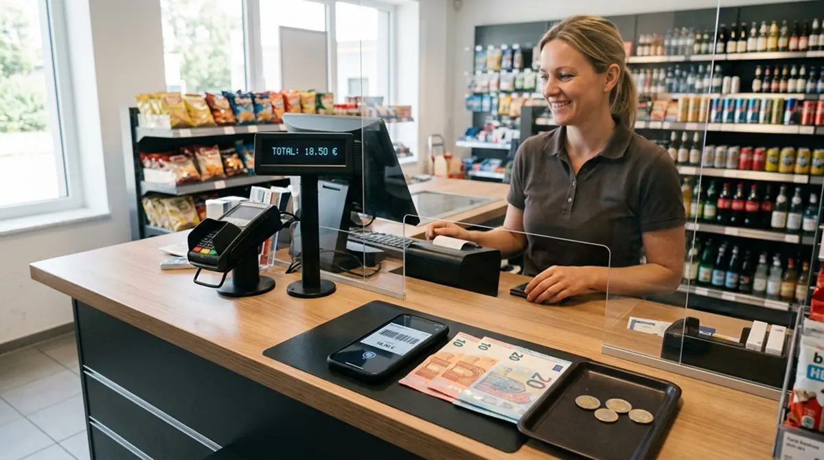 Moderne Tankstellenkasse mit Bargeld und OKTO-Transaktionscode auf dem Smartphone