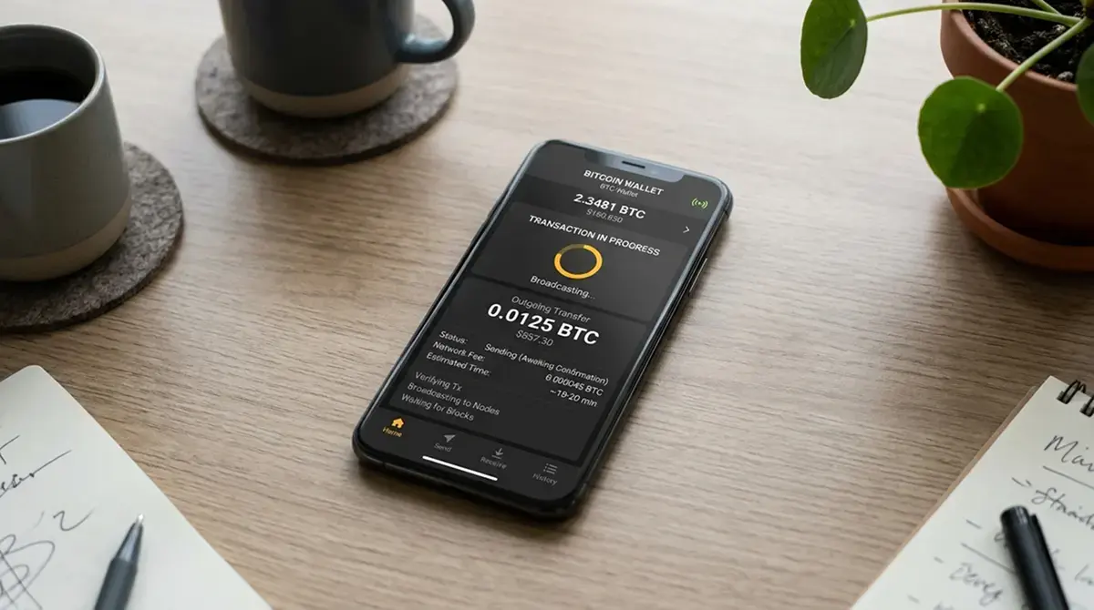 Bitcoin-Wallet auf Smartphone mit Casino-Transaktion