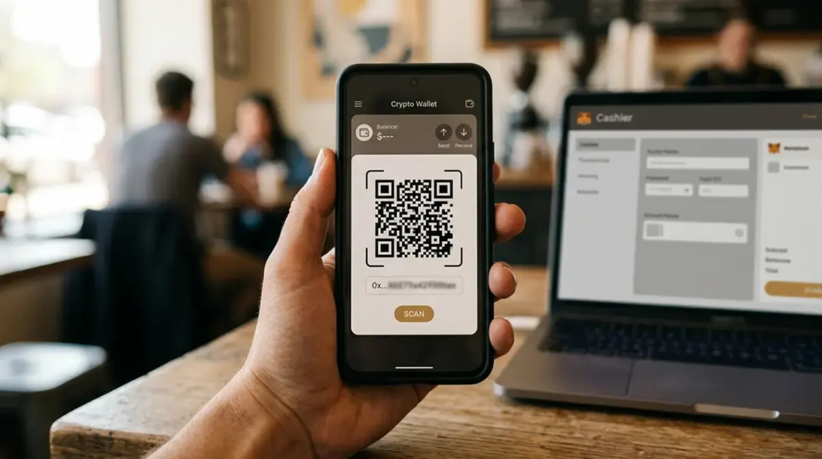 Hand hält ein Smartphone mit geöffneter Krypto-Wallet und QR-Code für eine Empfangsadresse