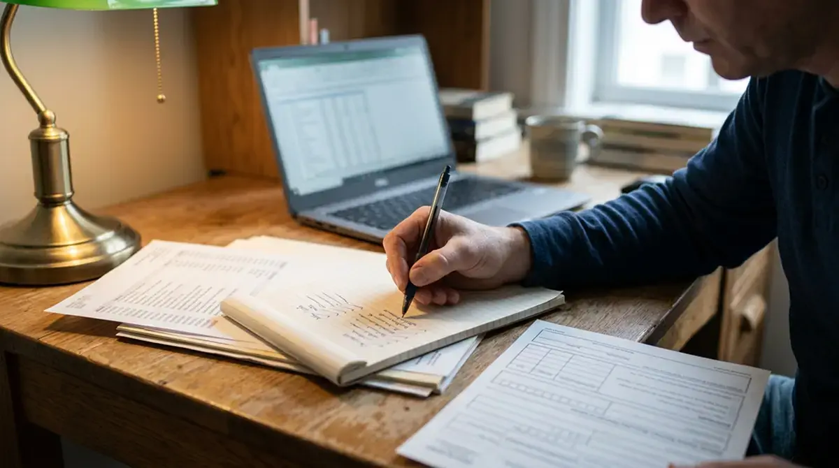 Person notiert Transaktionsdaten mit Stift auf einem Block neben einem geöffneten Steuerformular