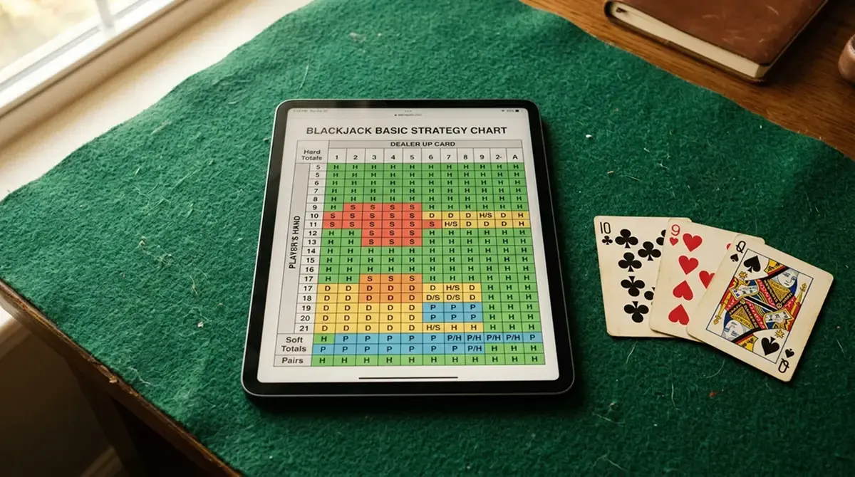 Basic Strategy Tabelle auf Tablet neben Blackjack-Karten auf grünem Filz
