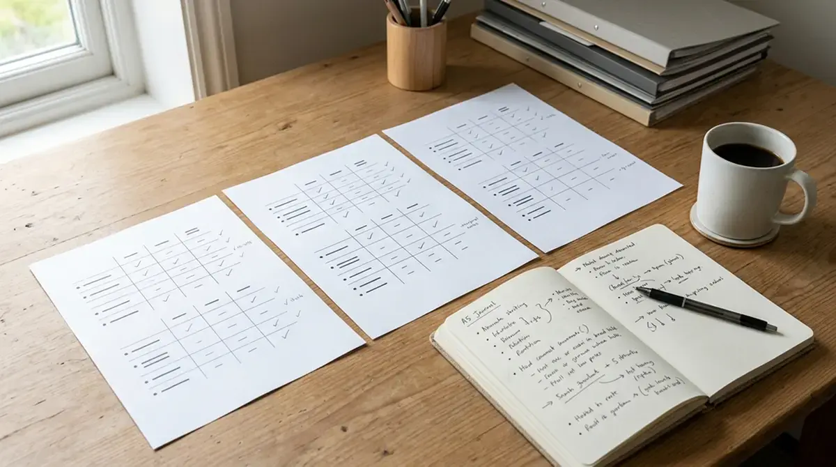 Schreibtisch mit Unterlagen zum Anbietervergleich und geöffnetem Notizbuch