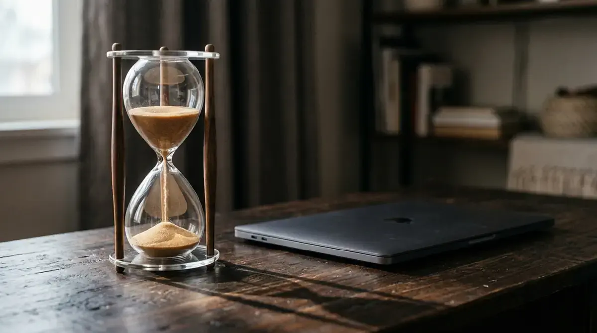 Sanduhr neben einem Notebook als Sinnbild für Wartezeit bei der Auszahlung