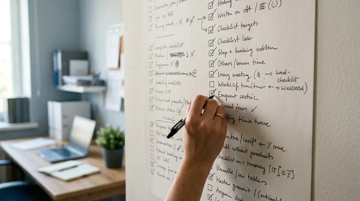 Planungsboard mit handschriftlicher Prüfliste zu Bonusbedingungen an einer Wand