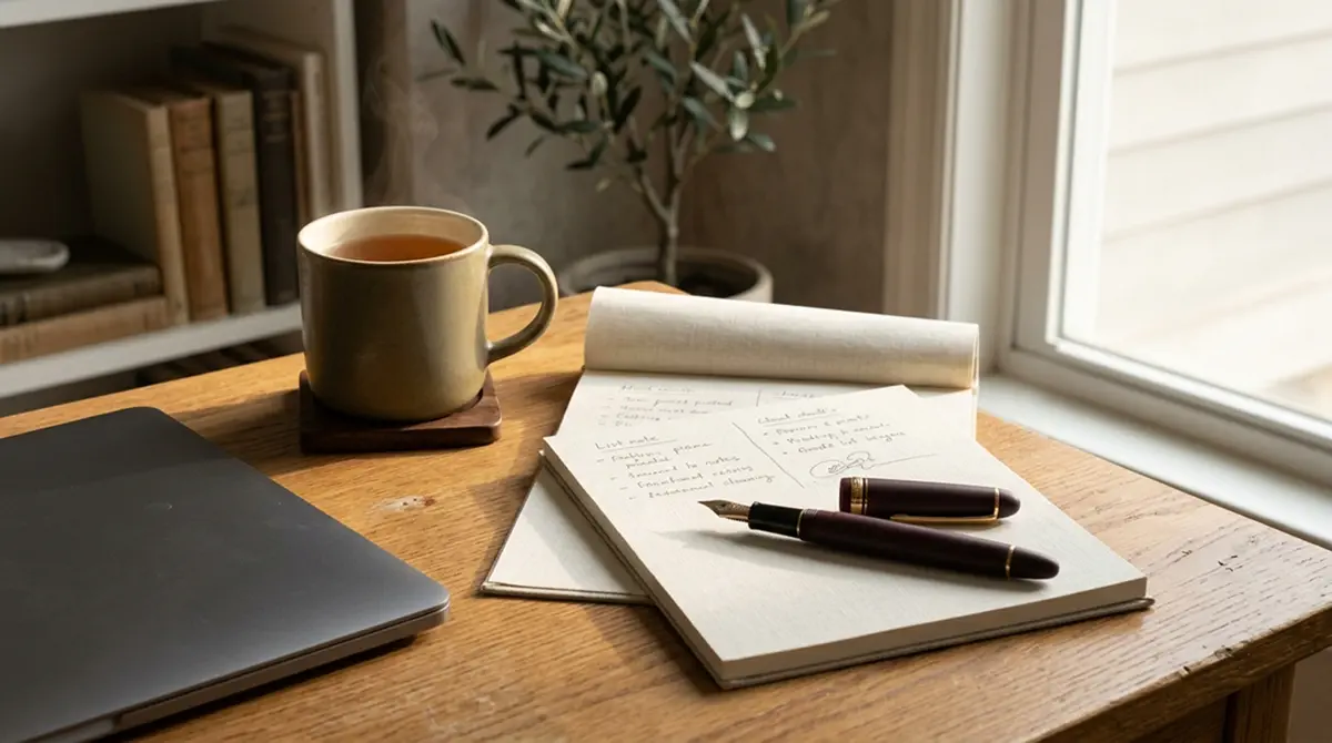 Ruhiger Arbeitsplatz mit Notizblock und einfacher handschriftlicher Aufstellung